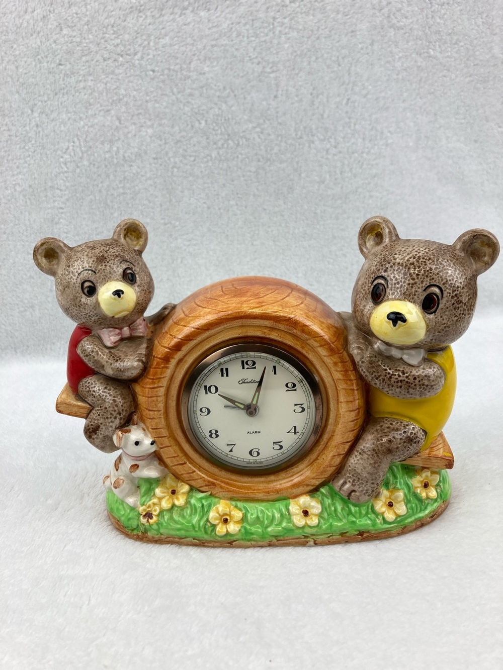VTG Ceramic Child’s Whimsical Bears on Seesaw Alarm Clock 9” Japan Wind Up